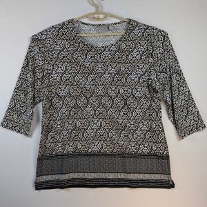 Chico's 2 Pullover Top Black White 3/4 Sleeve Slinky Liquid Knit Casual Career